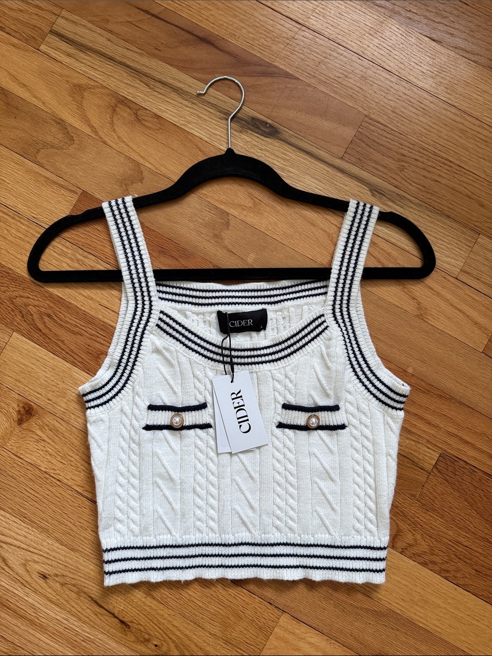 Cider White Knit Cropped Tank with Navy Accents